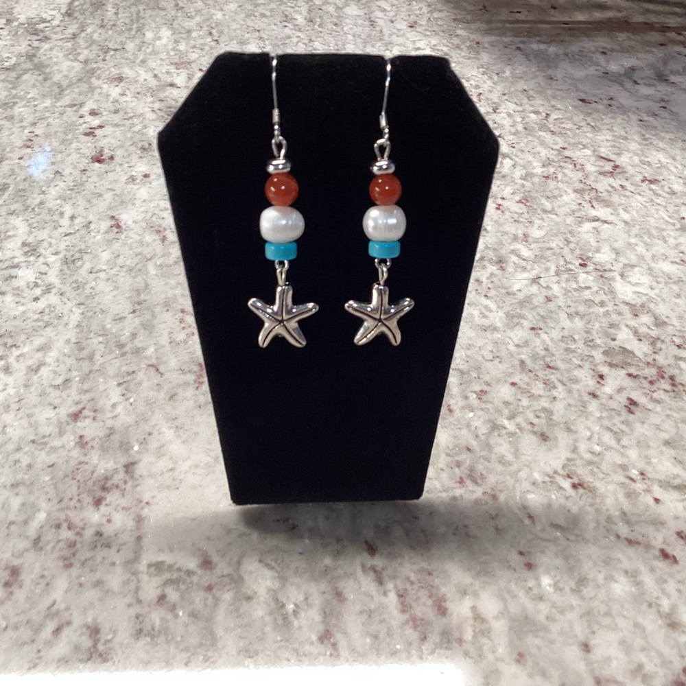 New Dangle Earrings in Abalorios, Turquoise & Fresh Water Pearl. Artisan Made